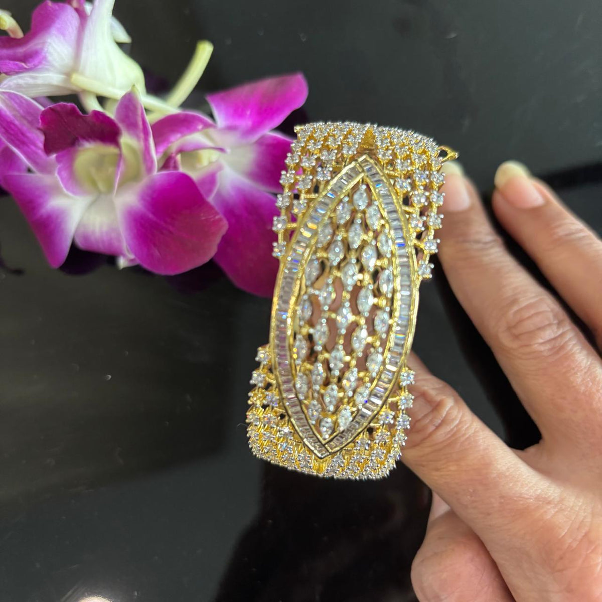 American Diamond cuff bracelet with baguette and marquise stones