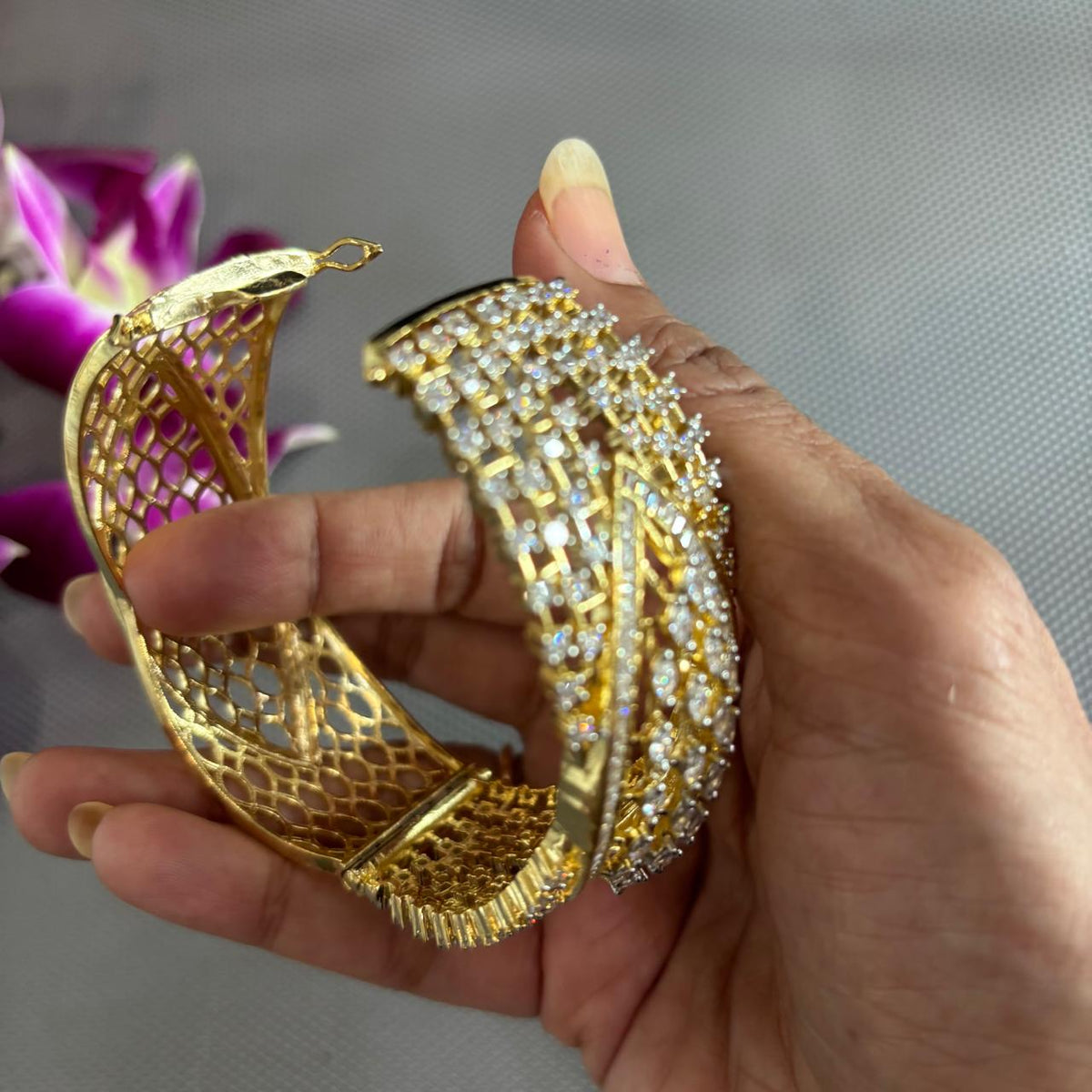 Open view of American Diamond cuff bracelet with baguette and marquise stones