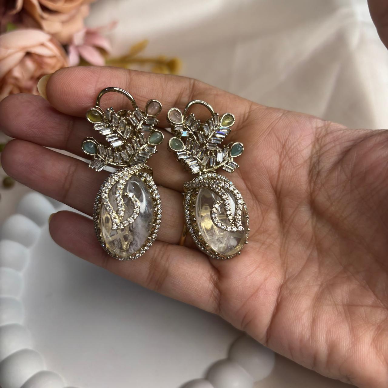 Aura Quartz Cubic Zirconia statement drop earrings with pastel stones by Bebaak Jewels