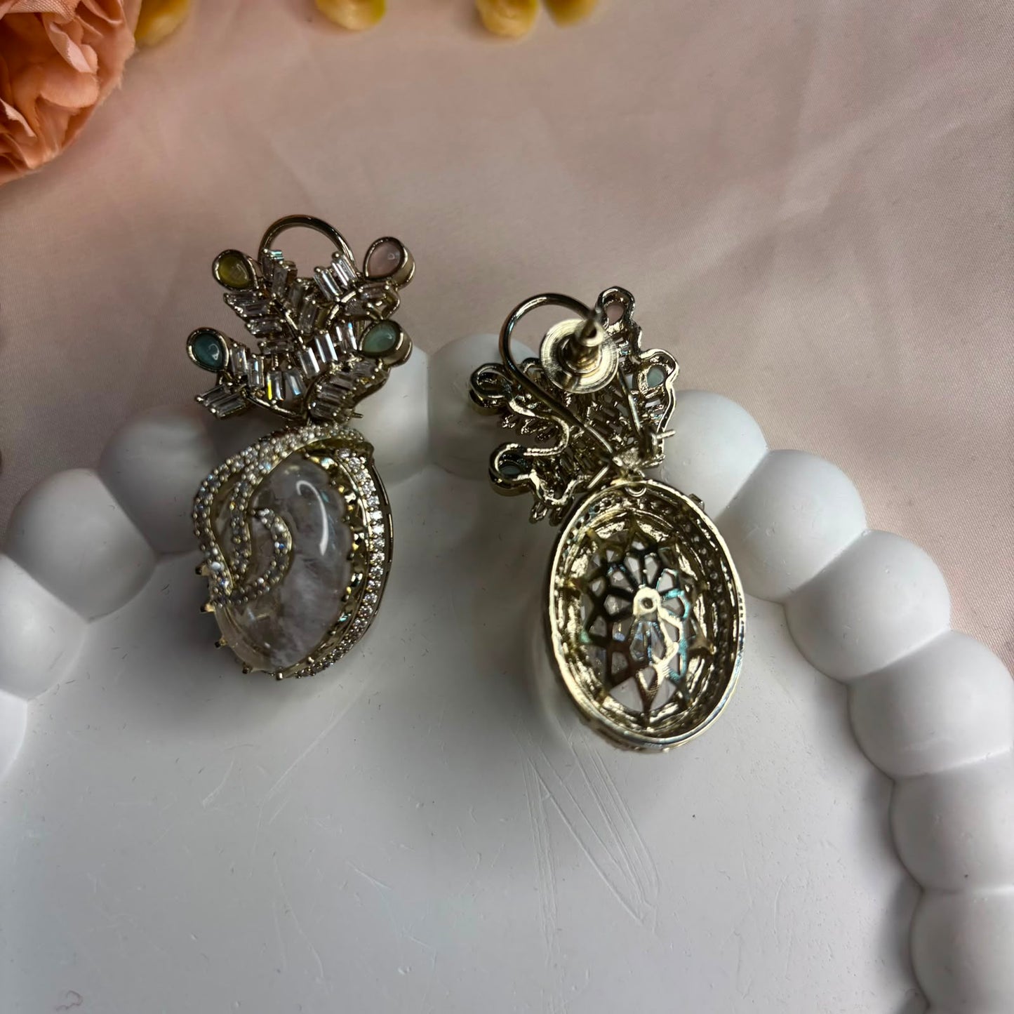 Aura Quartz Cubic Zirconia statement drop earrings with pastel stones by Bebaak Jewels