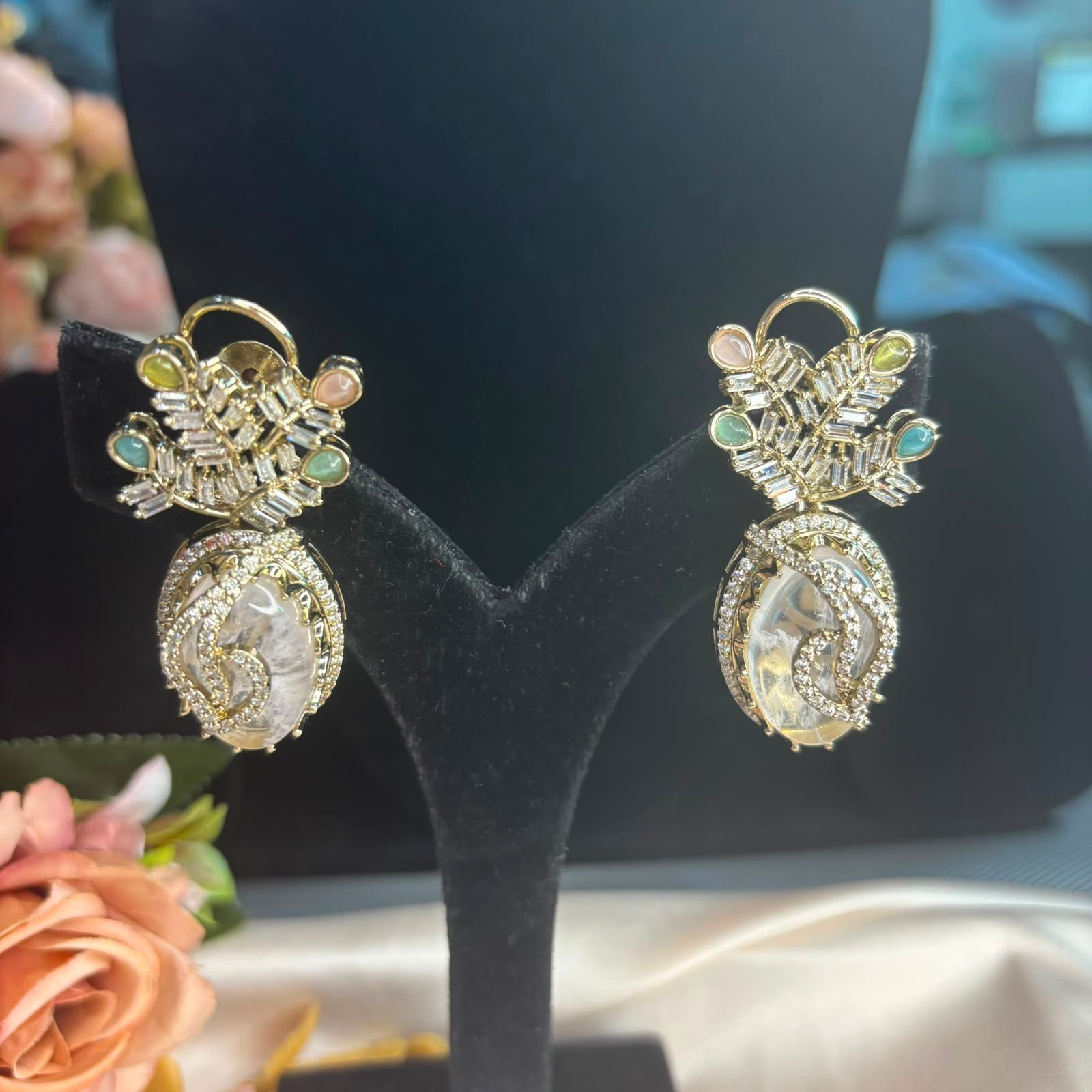 Aura Quartz Cubic Zirconia statement drop earrings with pastel stones by Bebaak Jewels