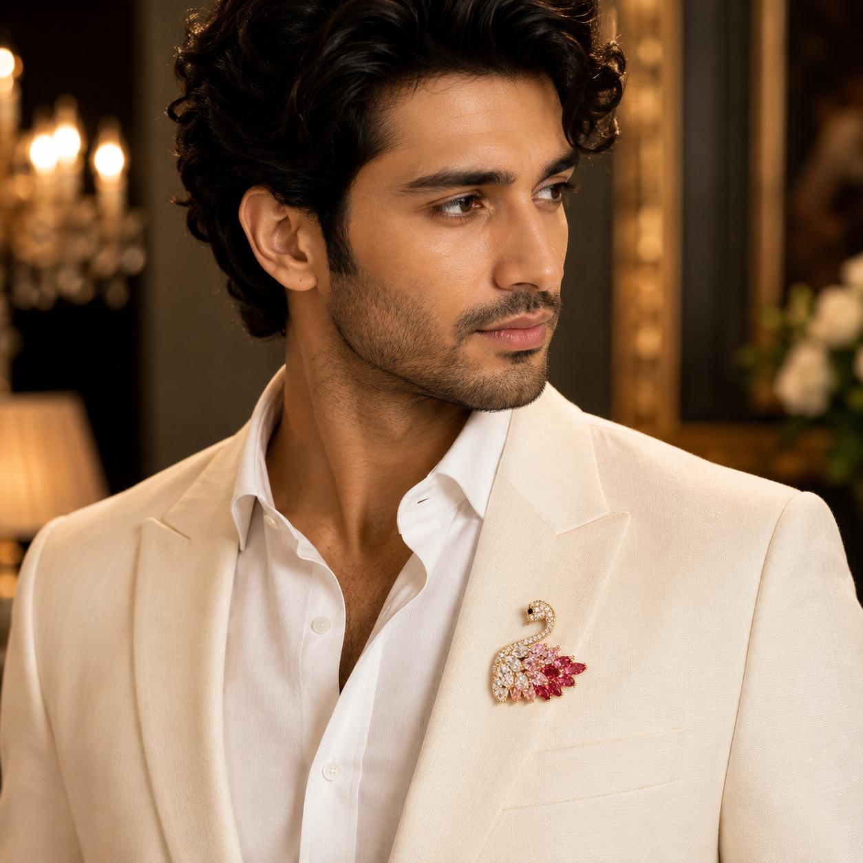  A man wearing elegant swan crystals pink  brooch  pin on  blazer  for  festive styling