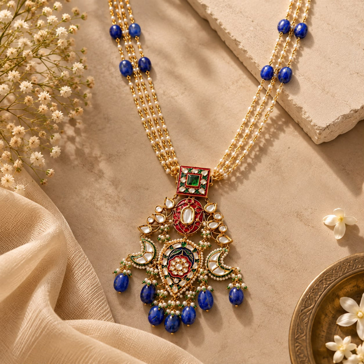 Lapis Lazuli drops Kundan necklace with red enamel and pearls