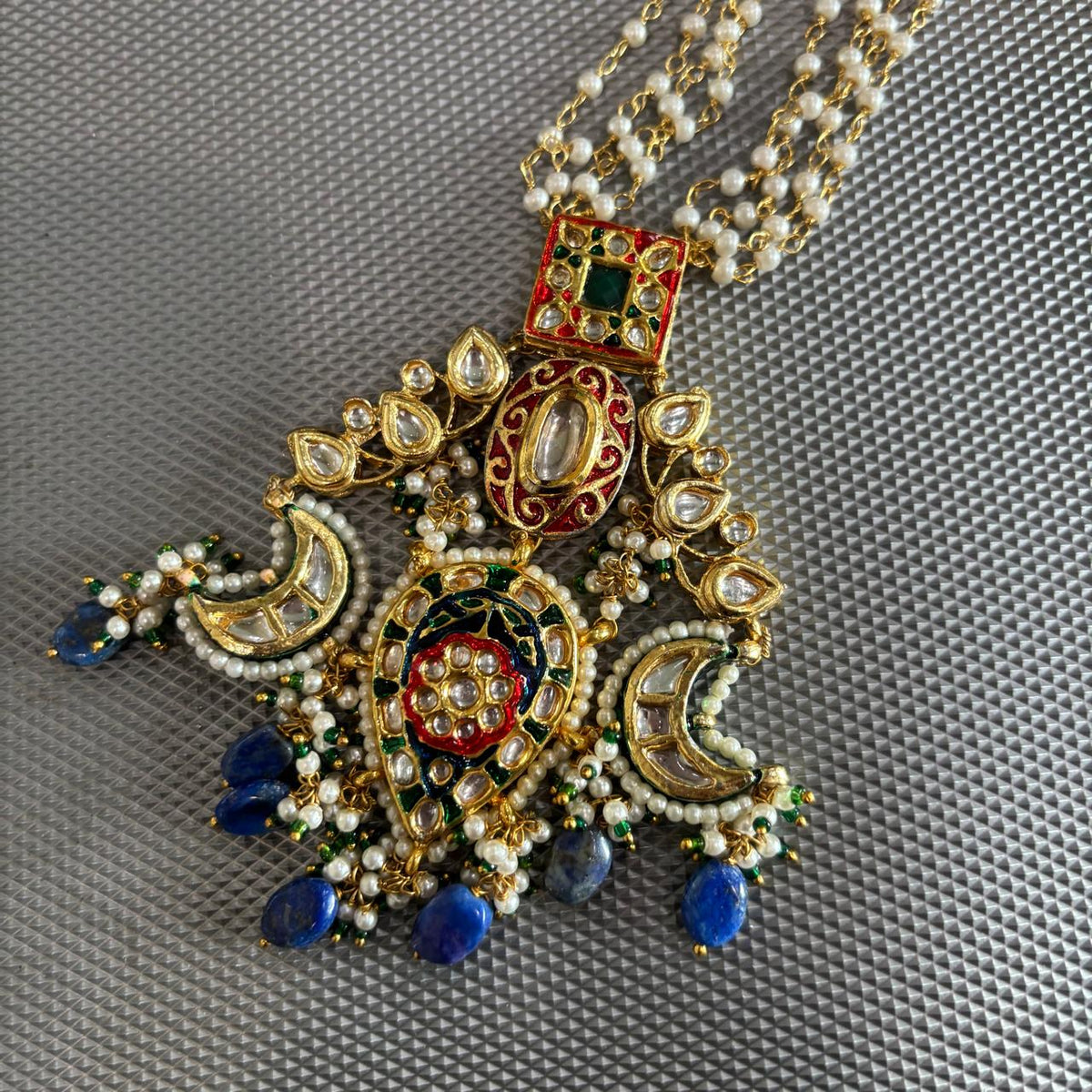 Lapis Lazuli drops Kundan necklace with red enamel and pearls