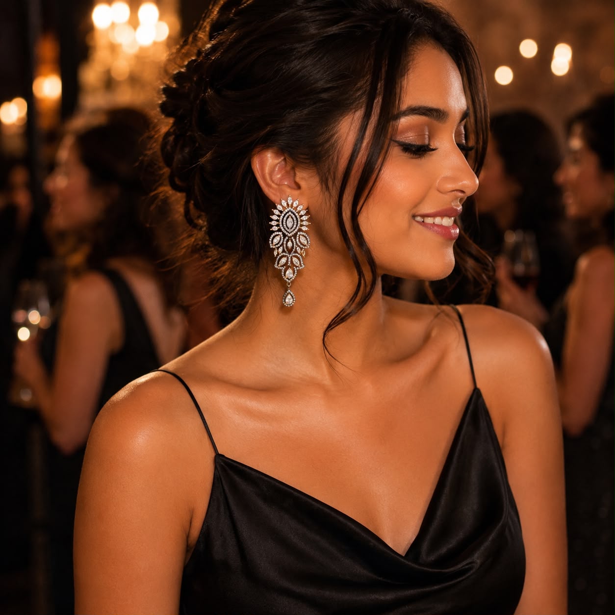Woman wearing marquise American Diamond statement drop earrings with pear-shaped dangling stone in rhodium finish