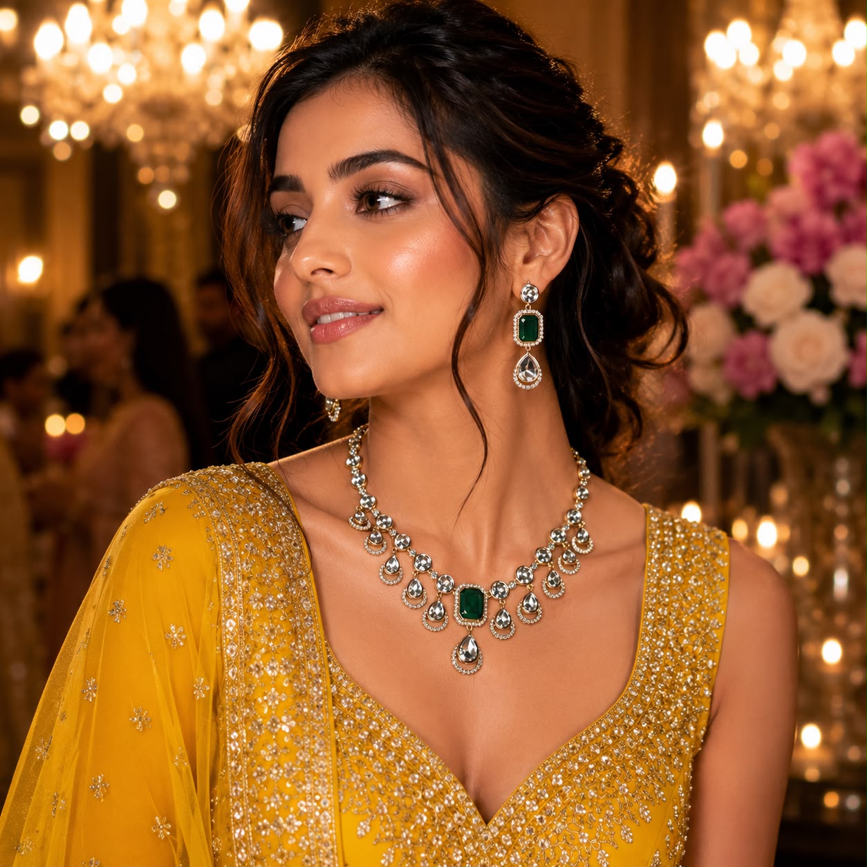 Elegant emerald Kundan and  American Diamond necklace set with matching earrings in premium gold finish for party wear, wedding guest and festive occasions.
