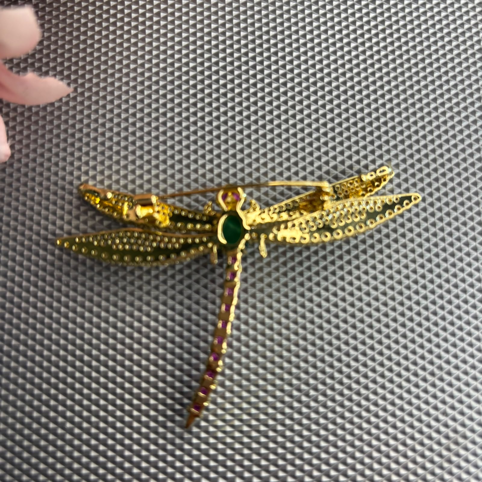 Luxury dragonfly brooch pin with green stone, ruby tail and cubic zirconia wings in gold finish for saree blazer sherwani styling
