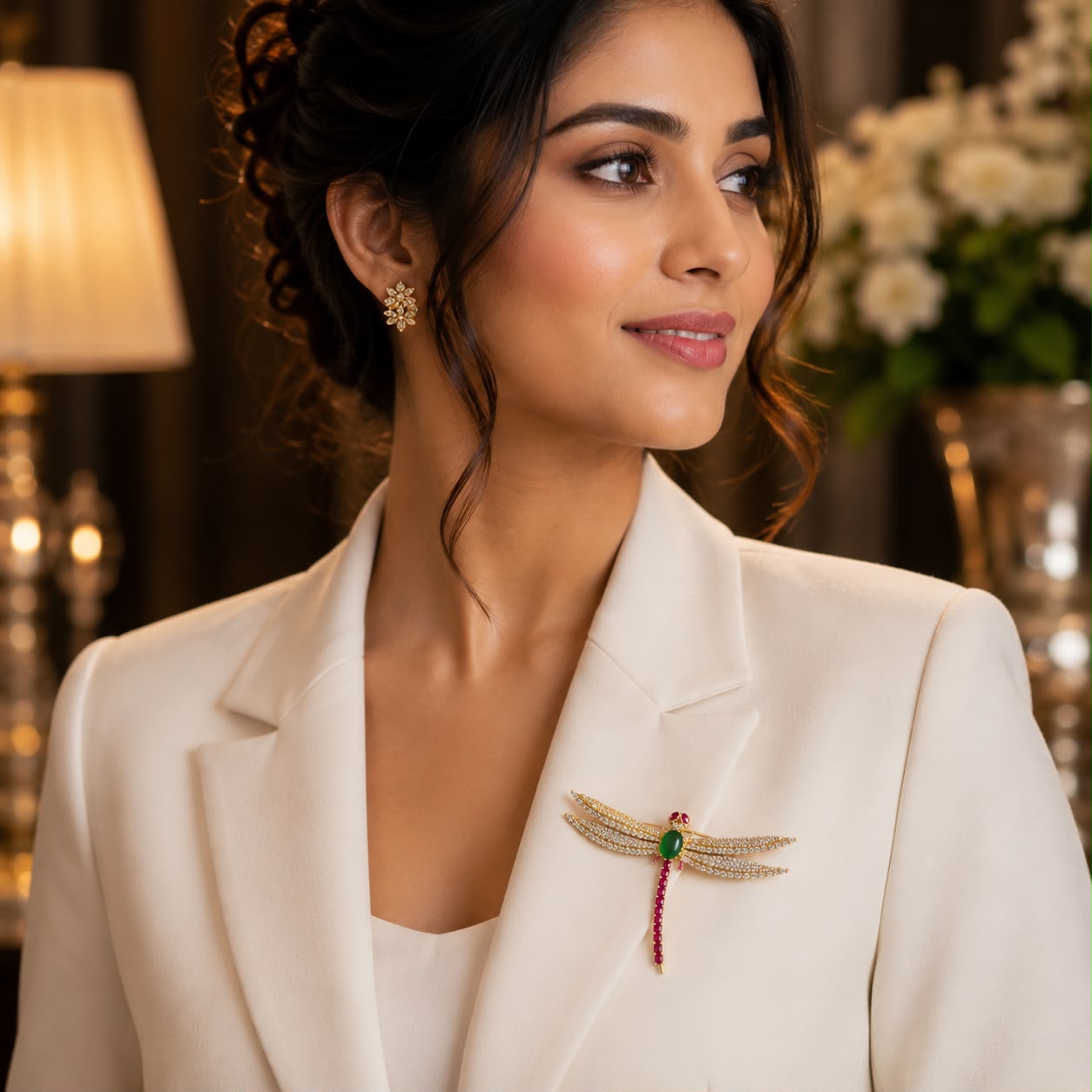 Luxury dragonfly brooch pin with green stone, ruby tail and cubic zirconia wings in gold finish for saree blazer sherwani styling