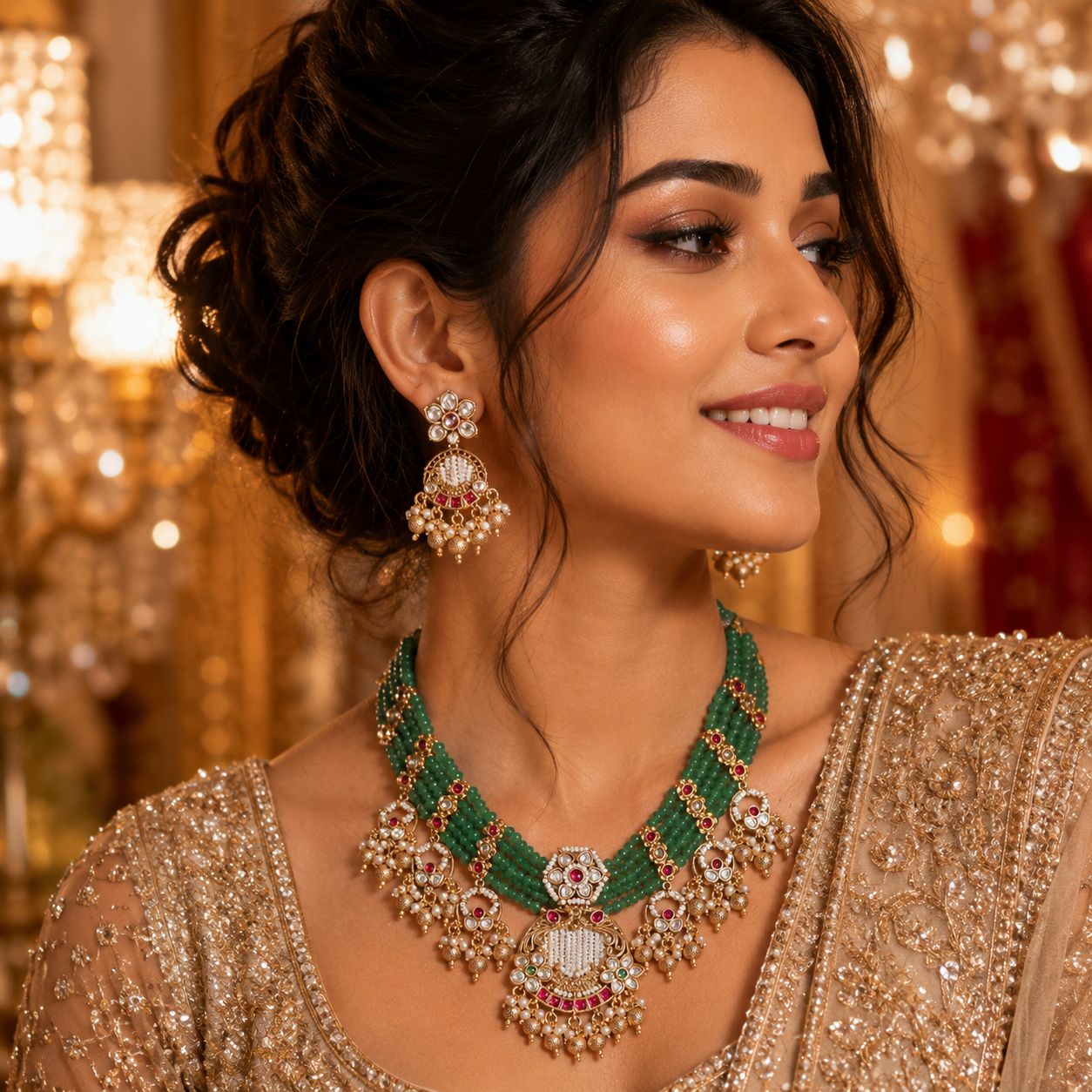 Woman wearing Emerald Beaded Kundan Choker Set with matching statement earrings in green beads, ruby accents and pearl detailing.