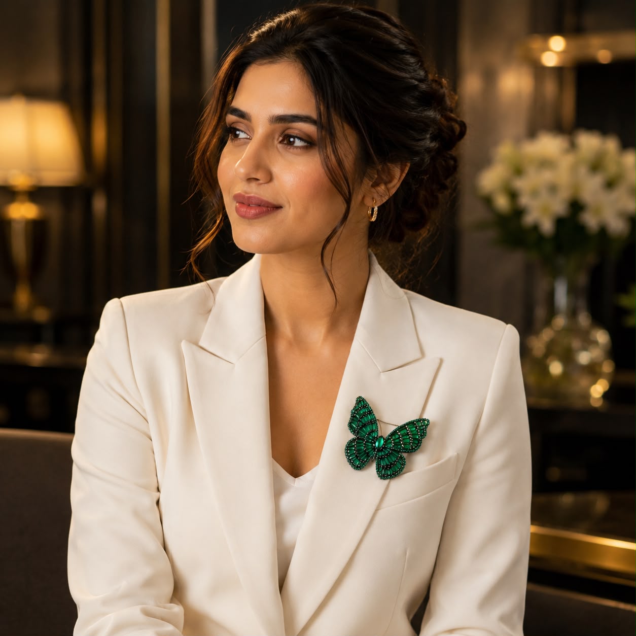 Emerald green crystal butterfly brooch with black rhodium finish and premium baguette stones.