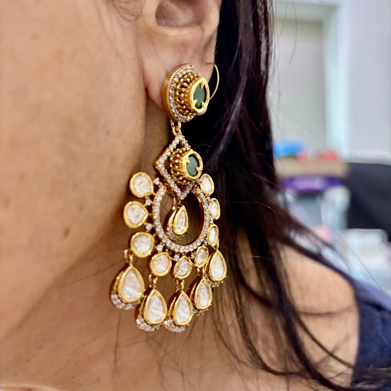 Luxury Emerald Green Kundan Chandbali Earrings with American Diamonds by Bebaak Jewels