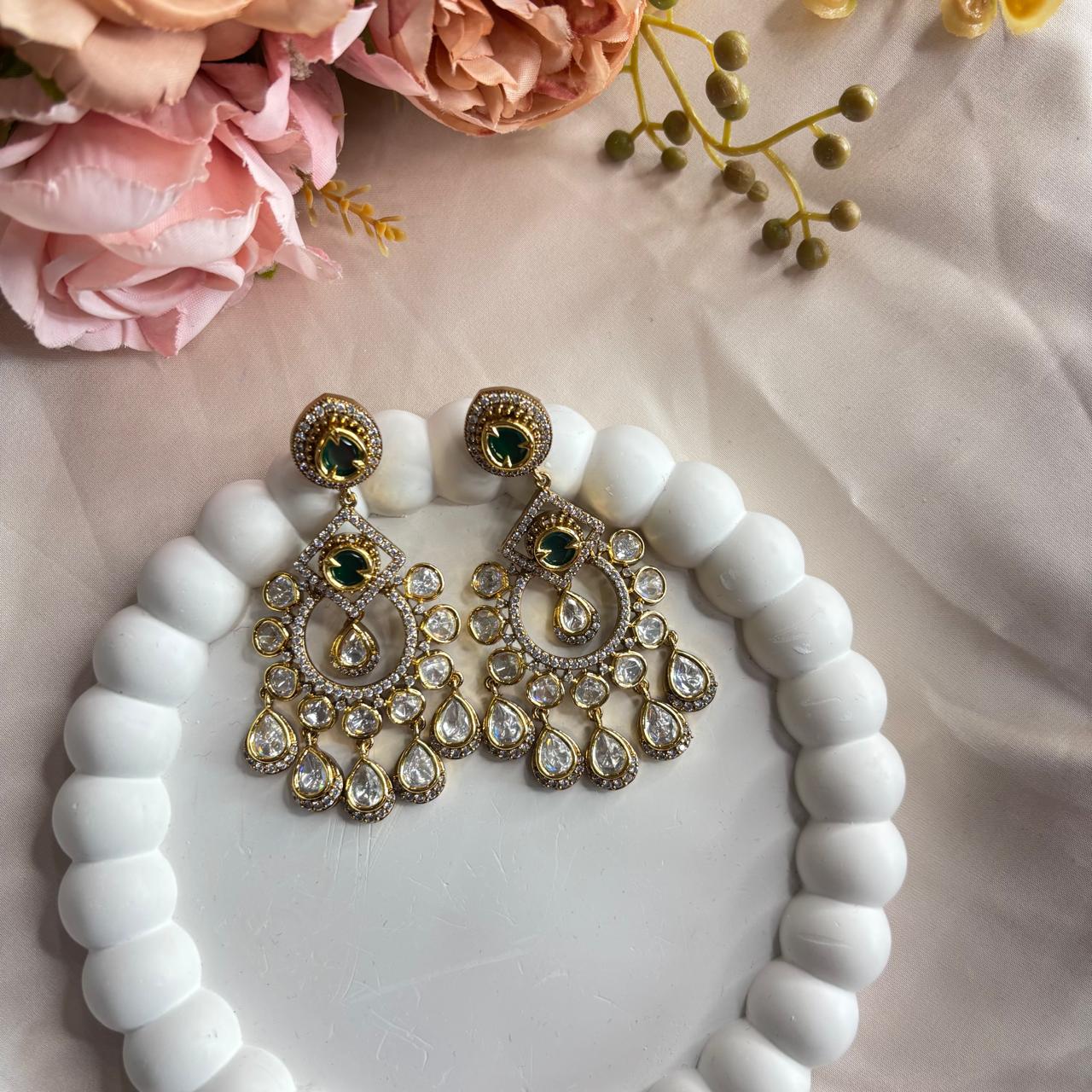 Luxury Emerald Green Kundan Chandbali Earrings with American Diamonds by Bebaak Jewels