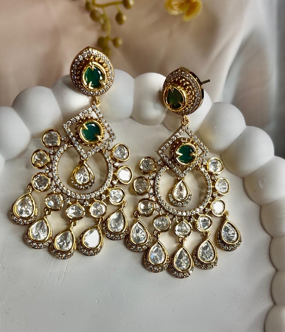 Luxury Emerald Green Kundan Chandbali Earrings with American Diamonds by Bebaak Jewels