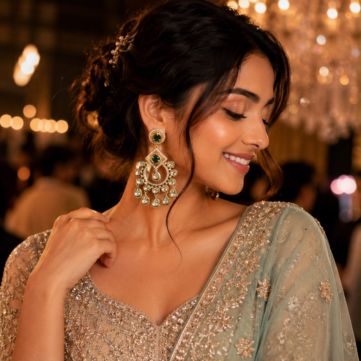Luxury Emerald Green Kundan Chandbali Earrings with American Diamonds by Bebaak Jewels