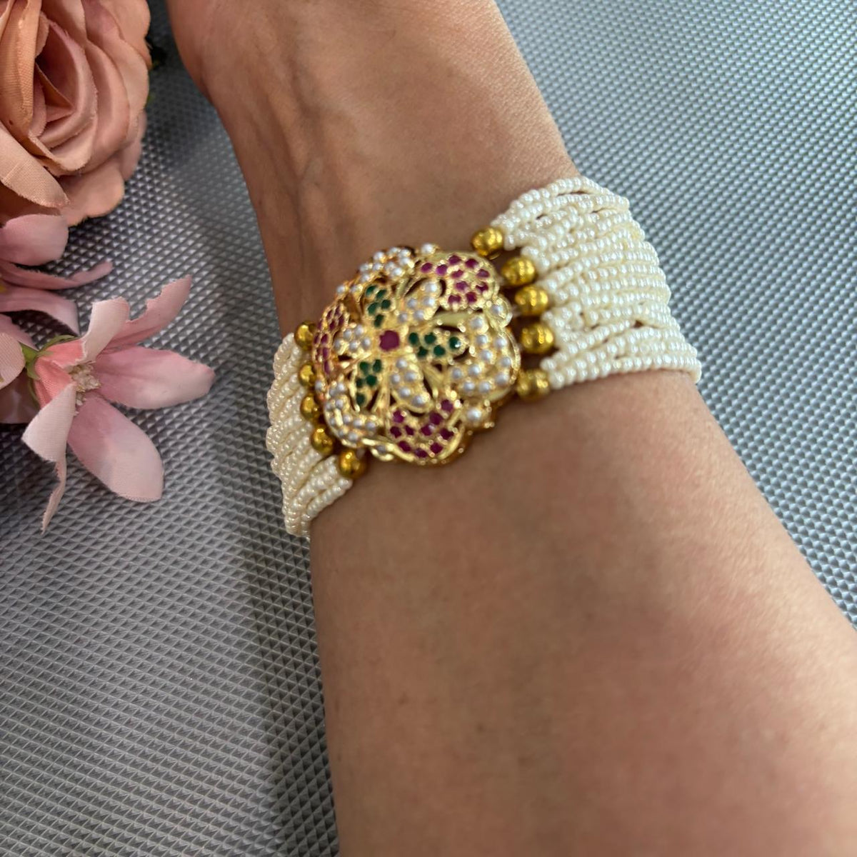 Farhin Multistone Jadau Pearl Bracelet With Pearl Beads