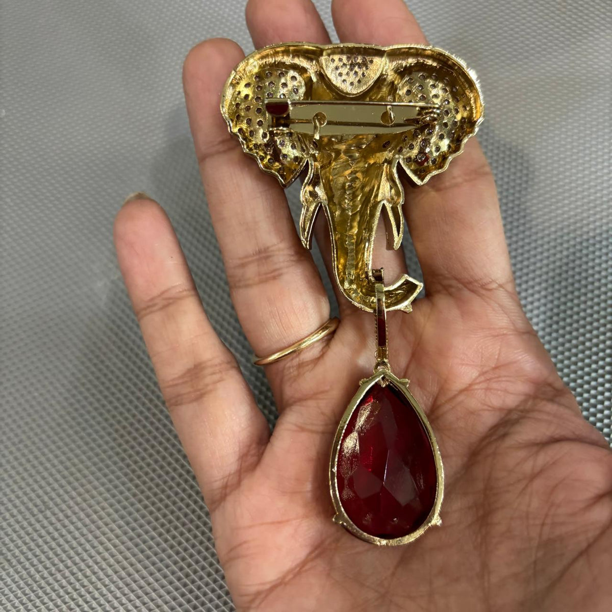 Back view of Gajanan elephant brooch showing secure brooch pin fastening