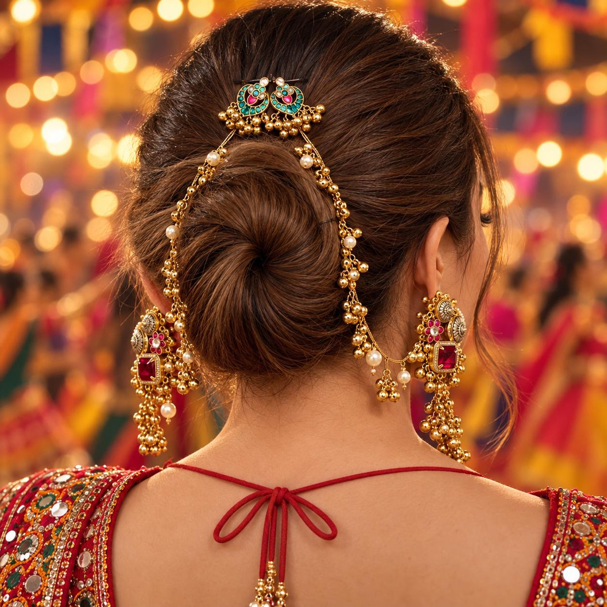 A close-up of back view of a woman wearing a gold-toned traditional  kashmiri Indian earrings with a matching earchain sahara  hair chain with peacock motif on back chain .The earring features a large red stone, a silver-toned circular motif, and small pearl-like beads.