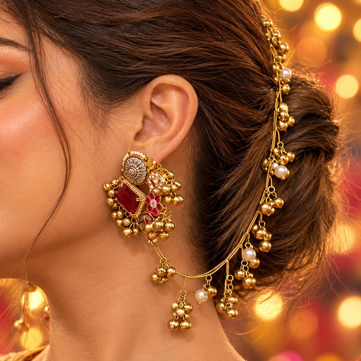A close-up of a woman wearing a gold-toned traditional  kashmiri Indian earrings with a matching earchain sahara  hair chain. The earring features a large red stone, a silver-toned circular motif, and small pearl-like beads.