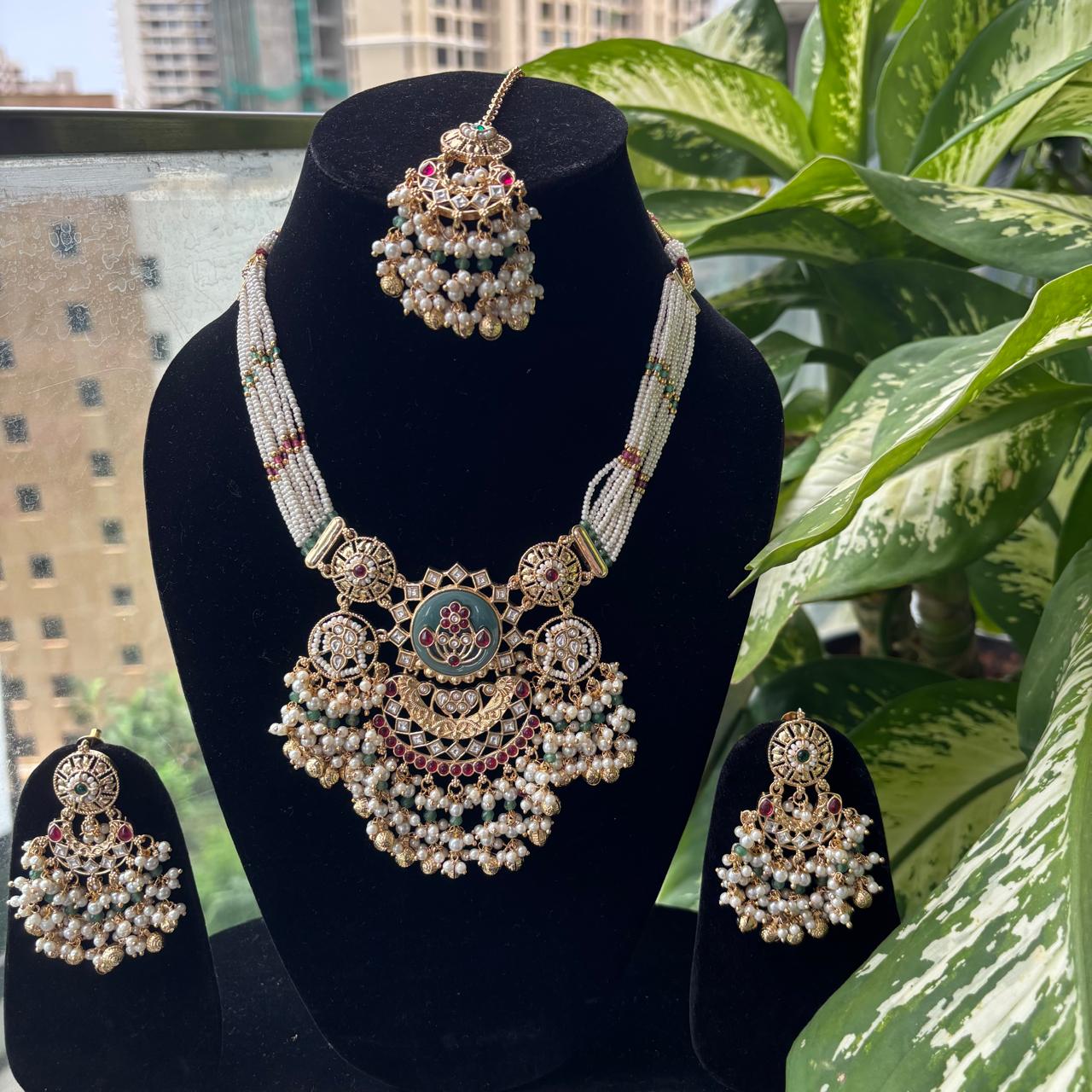  Heritage Kundan pearl bridal necklace set with matching earrings and maang tikka
