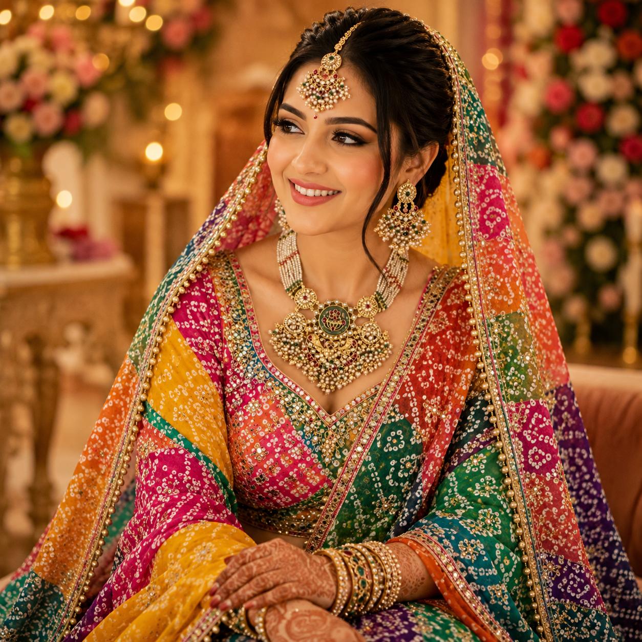 Bride wearing Heritage Kundan pearl bridal necklace set with matching earrings and maang tikka