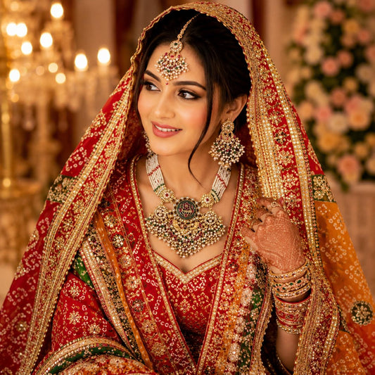 Bride wearing Heritage Kundan pearl bridal necklace set with matching earrings and maang tikka