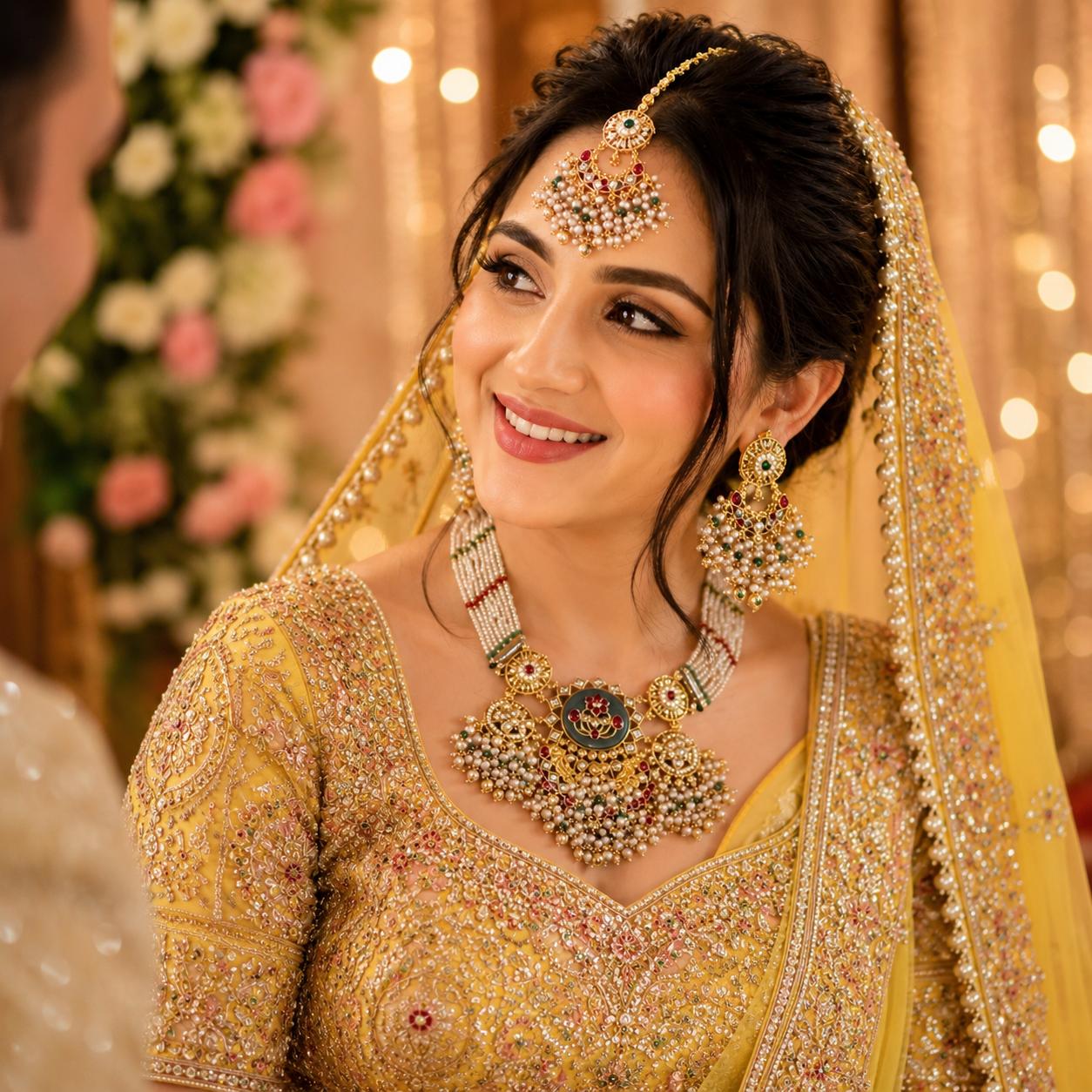 Bride wearing Heritage Kundan pearl bridal necklace set with matching earrings and maang tikka