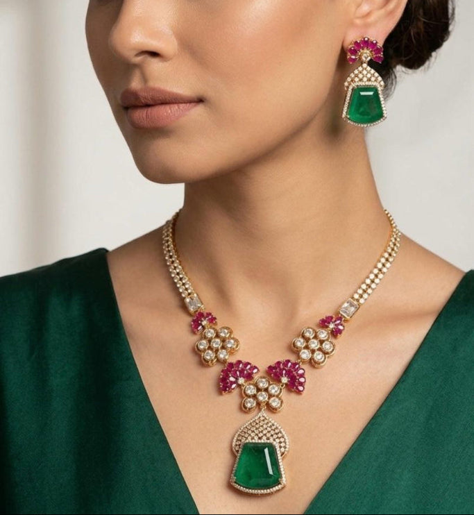 Indowestern ruby emerald and polki moissanite diamond necklace set