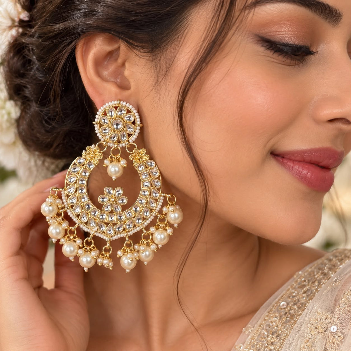 Large Kundan pearl chandbali earring worn for wedding and festive styling