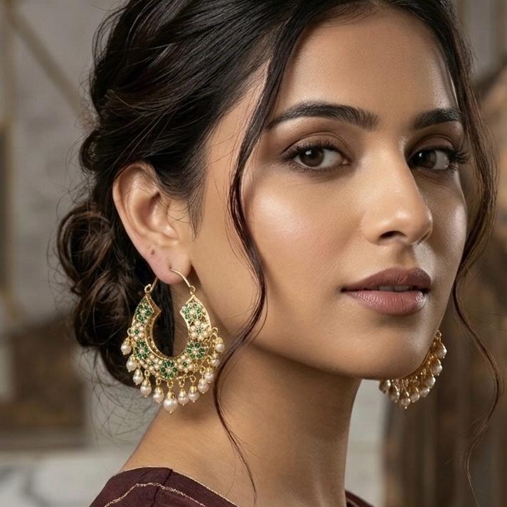 Jadau two sided emerald hoops balis in gold plating