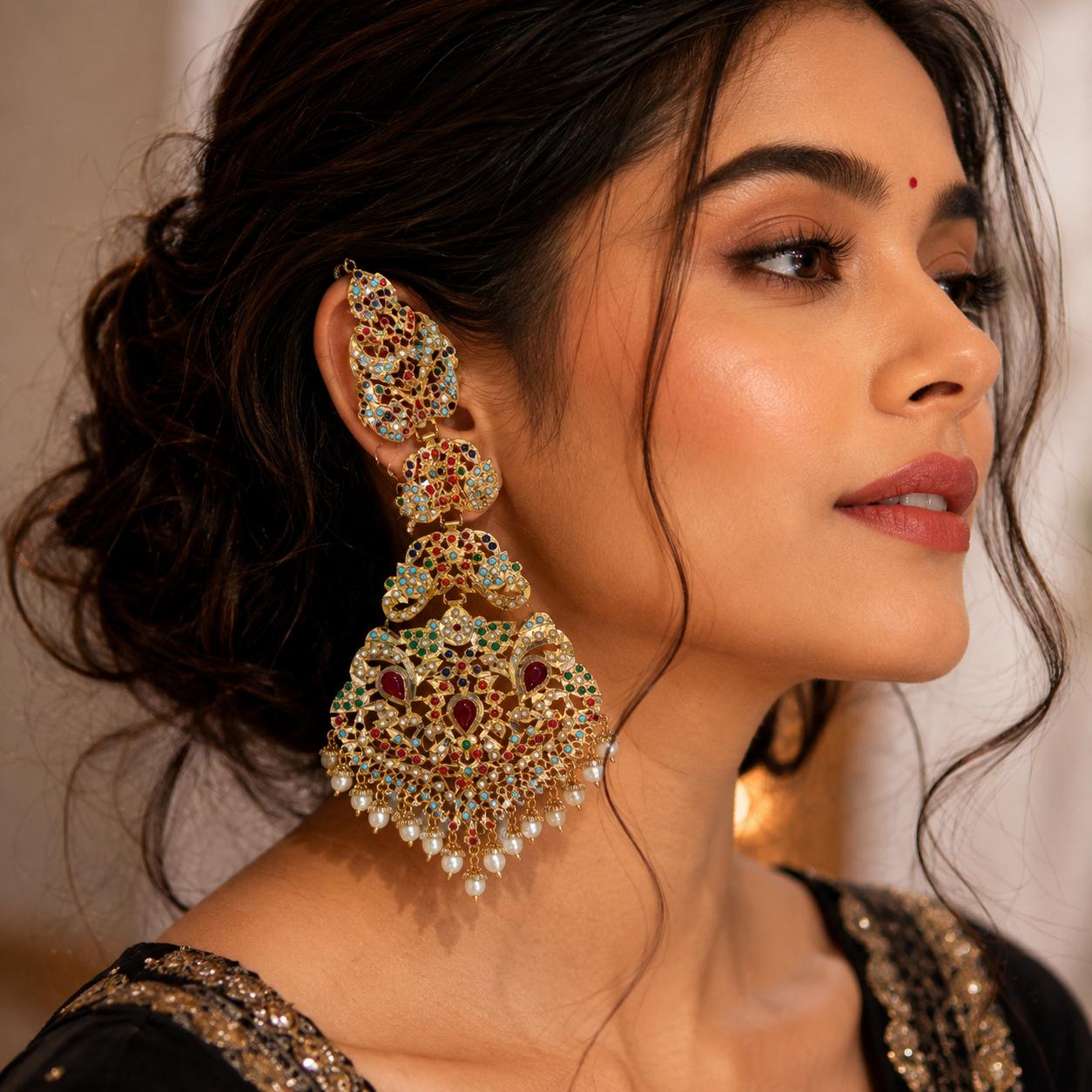 Handcrafted gold plated Jadau ear climber Kannauti earrings with pearl drops and multicolour stones by Bebaak Jewels.