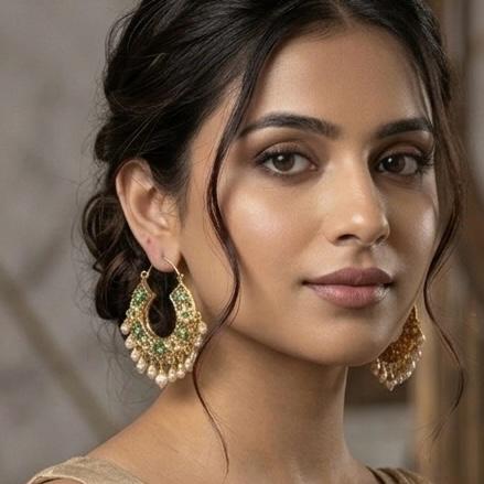 Jadau two sided emerald hoops balis in gold plating
