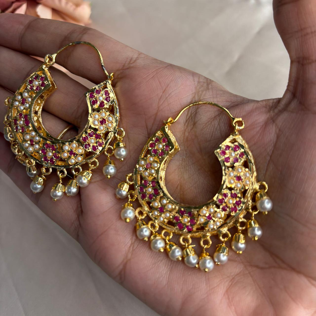 Jadau two sided ruby hoops balis in gold plating