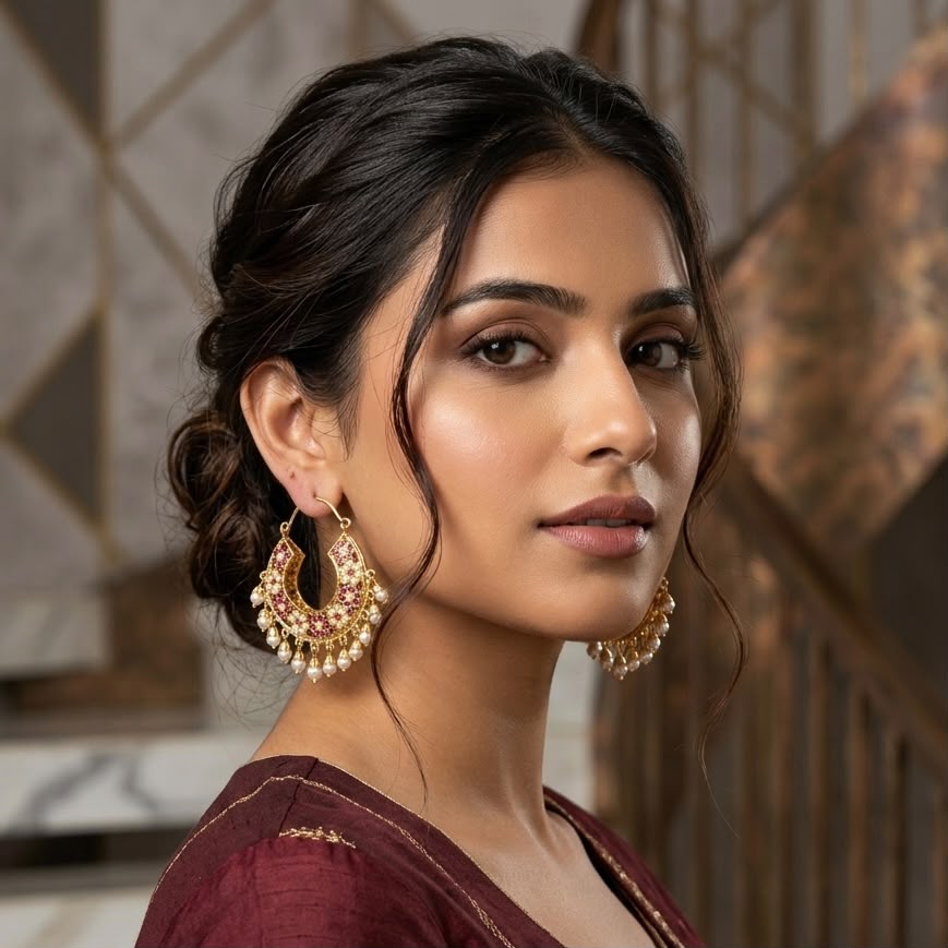 Jadau two sided ruby hoops balis in gold plating