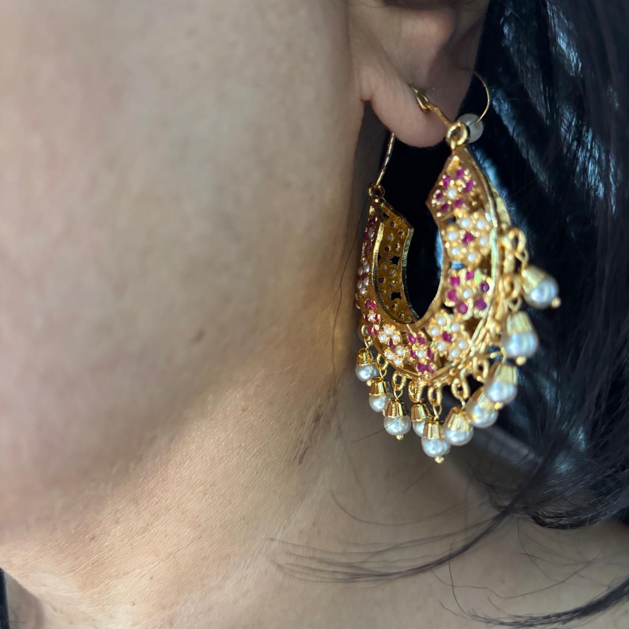Jadau two sided ruby hoops balis in gold plating