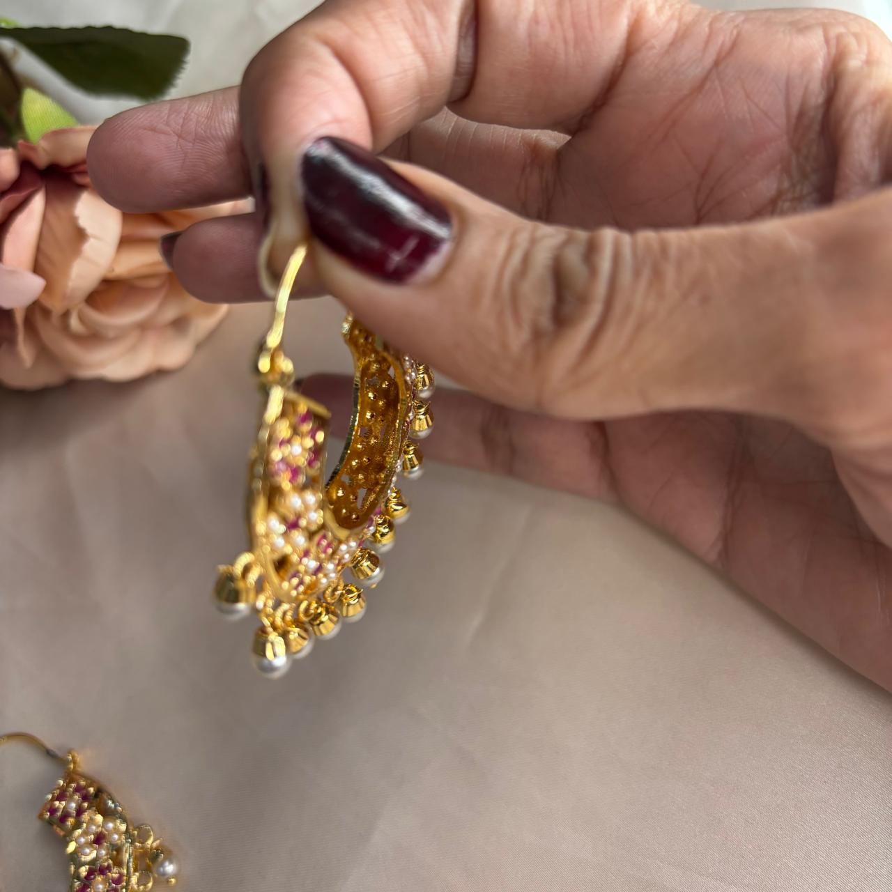 Jadau two sided ruby hoops balis in gold plating