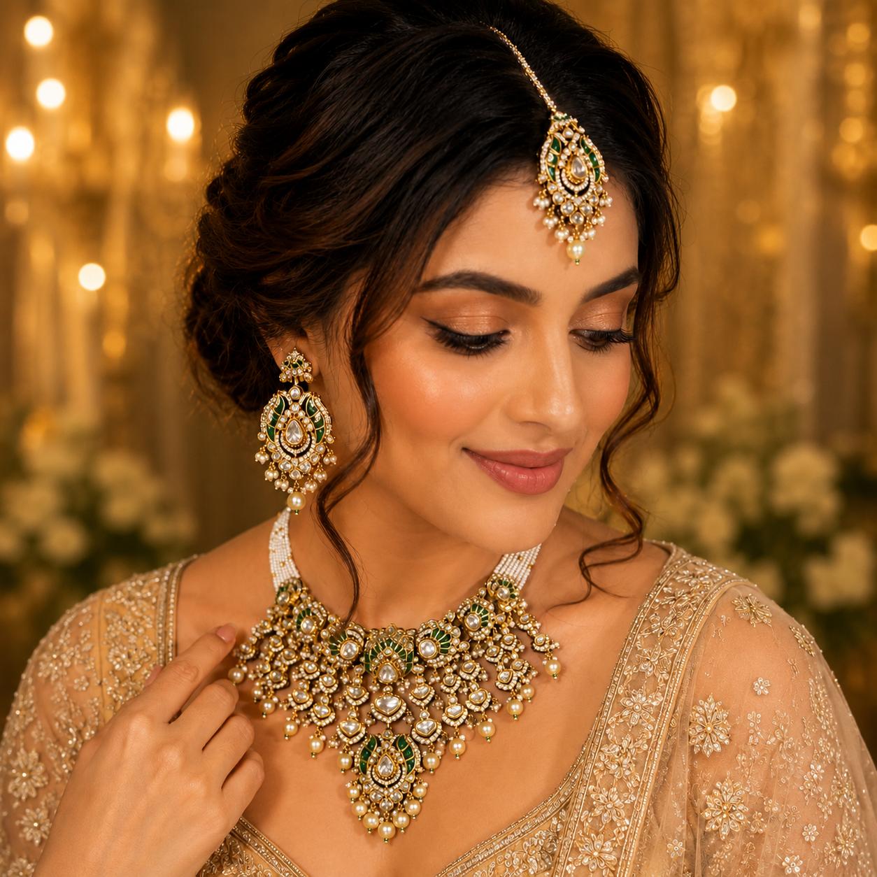 Luxury Emerald Green Kundan Bridal Necklace Set with Matching Earrings and Maang Tikka by Bebaak Jewels.