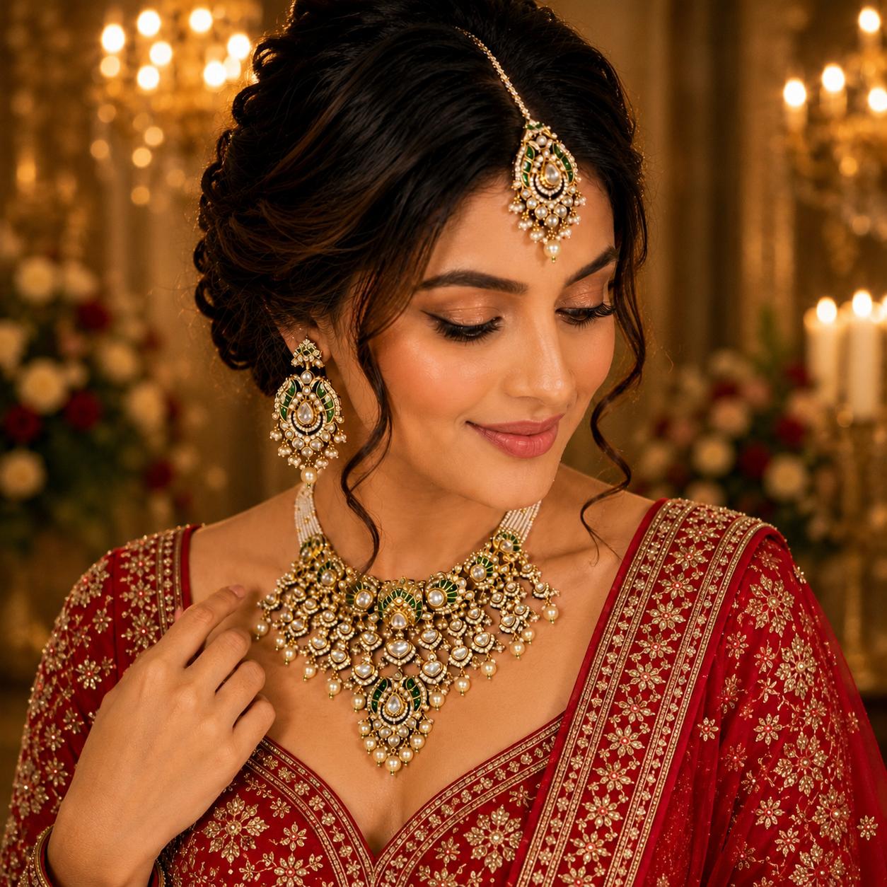 Luxury Emerald Green Kundan Bridal Necklace Set with Matching Earrings and Maang Tikka by Bebaak Jewels.