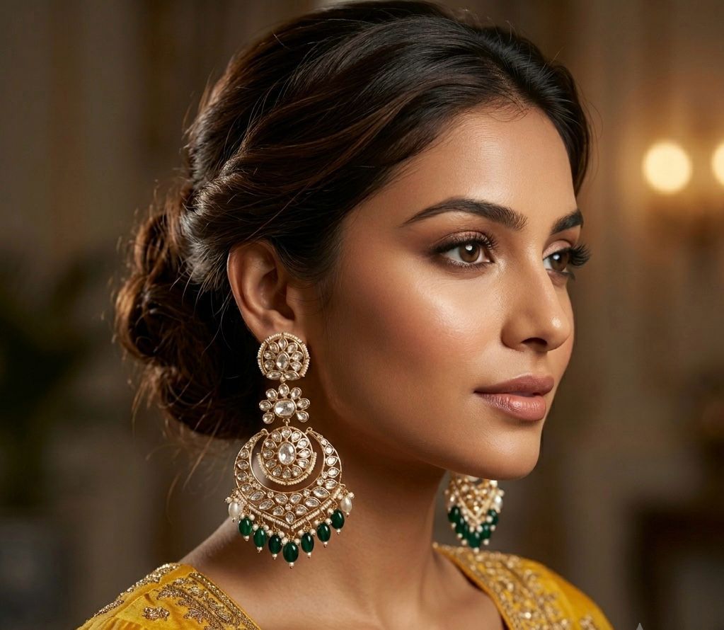 premium kundan chandbali earrings with green beads by Bebaak Jewels