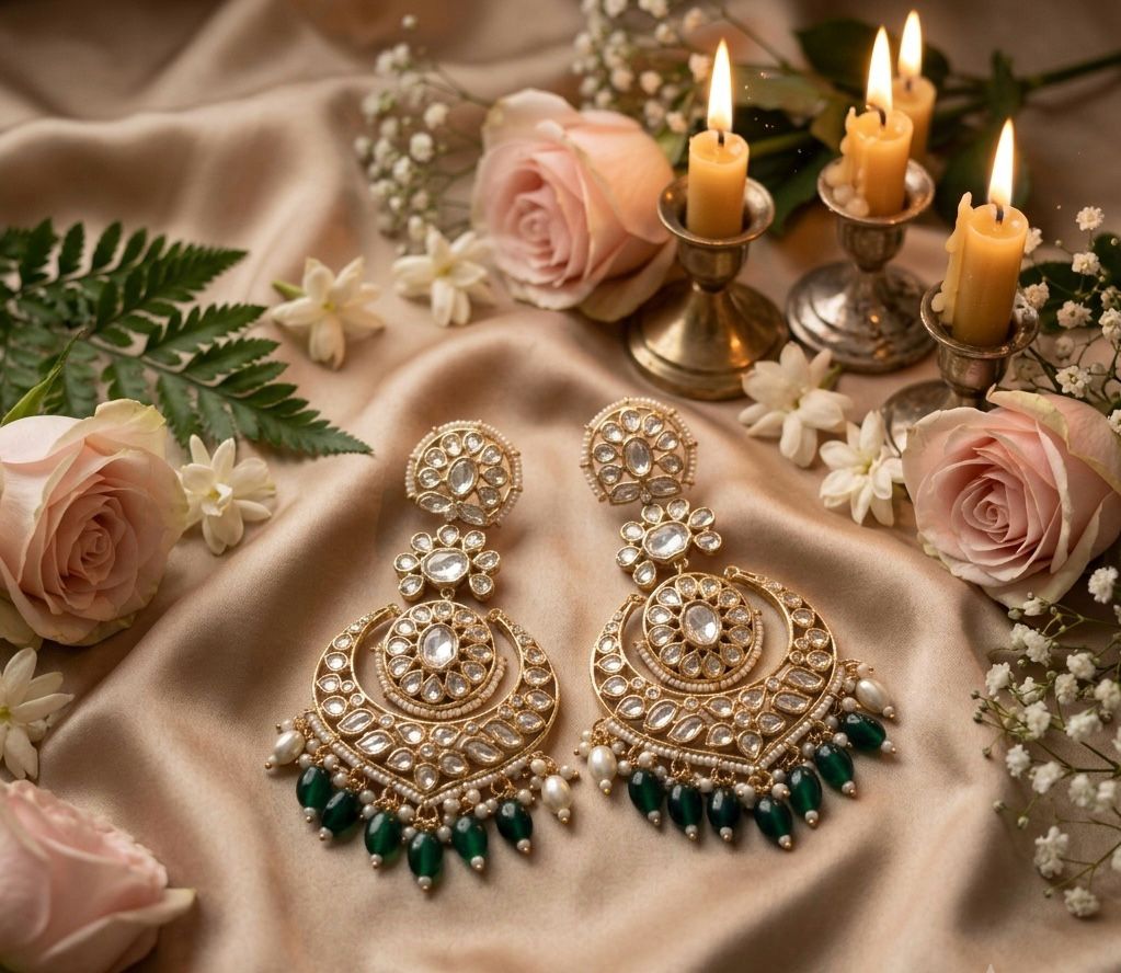 premium kundan chandbali earrings with green beads by Bebaak Jewels