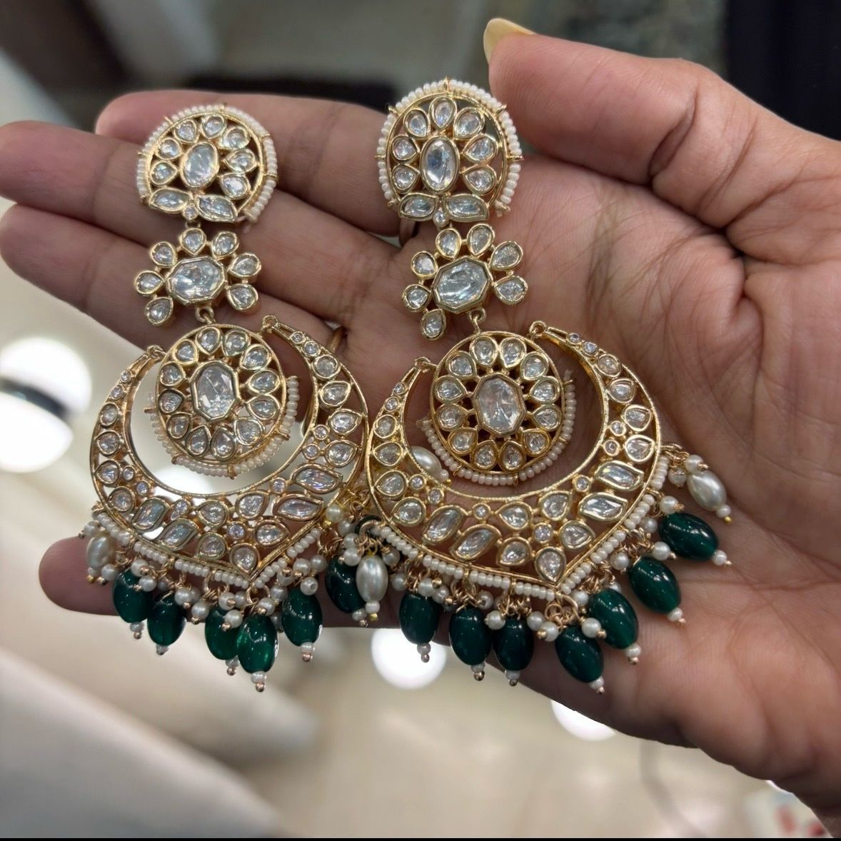 premium kundan chandbali earrings with green beads by Bebaak Jewels