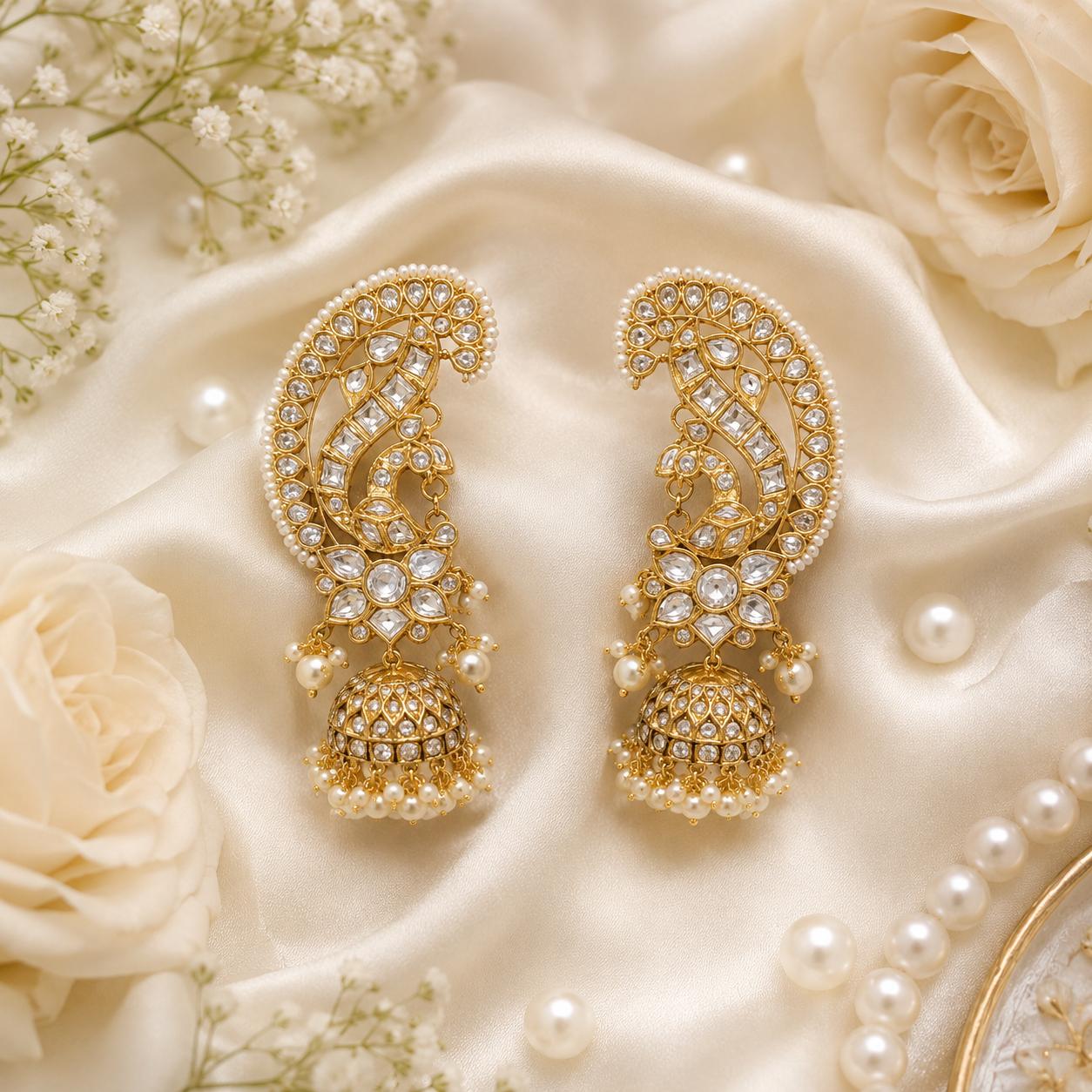  Paisley Polki Ear Cuff Jhumka Earrings with pearl detailing by Bebaak Jewels
