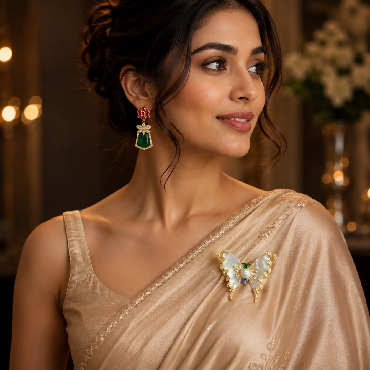 Luxury Mother of Pearl Butterfly Brooch with CZ diamonds detailing, pearl center and gold finish for sarees, blazers, dresses and scarves.