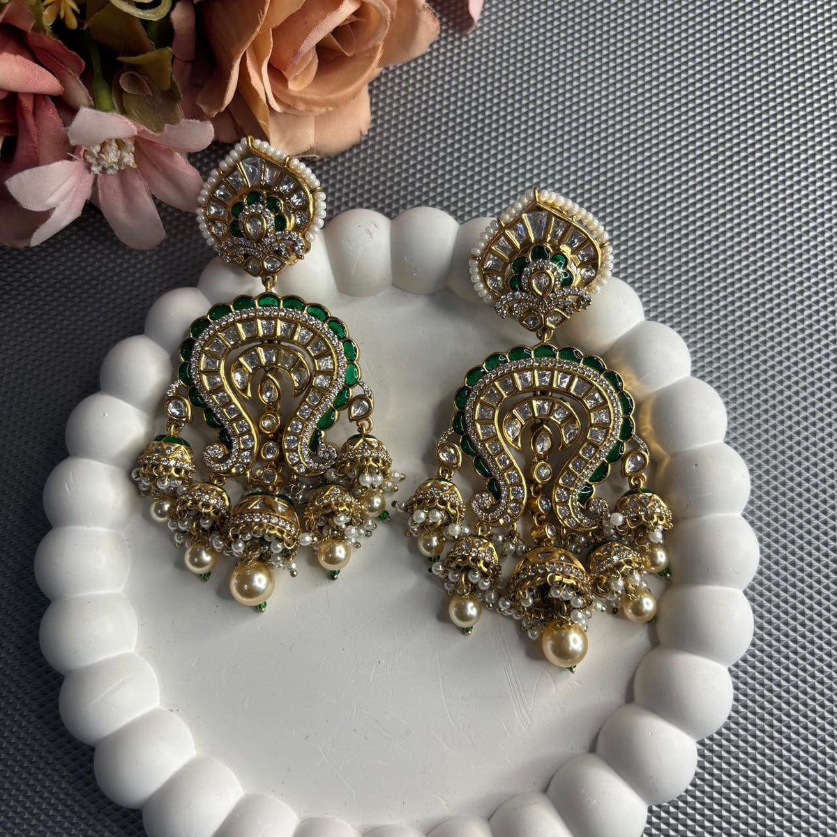  Statement wedding earrings with green enamel and kundan  and dangling pearl jhumkas earrings and pearl drops