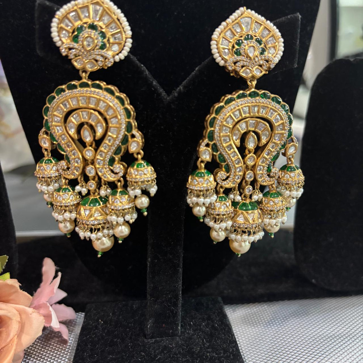  Statement wedding earrings with green enamel and kundan  and dangling pearl jhumkas earrings