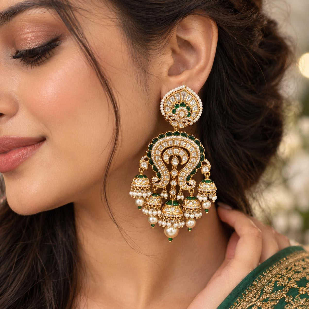 Women wearing Statement wedding earrings with green enamel and kundan  and dangling pearl jhumkas earrings