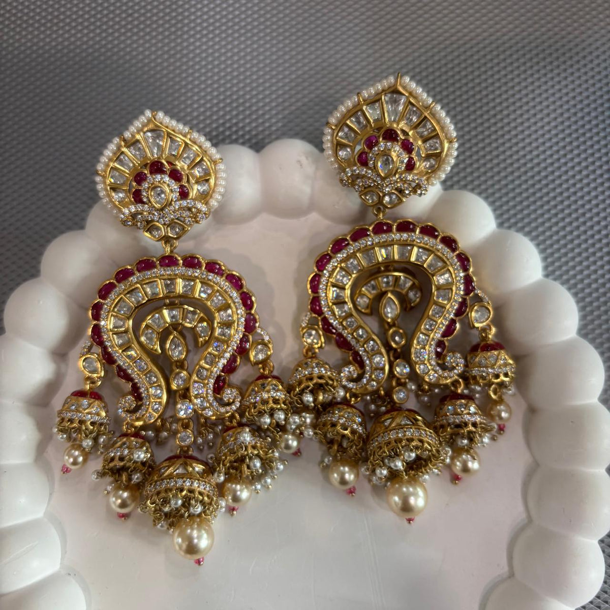  Rani ruby Kundan chandbali jhumka earrings with pearl drops and gold-tone finish