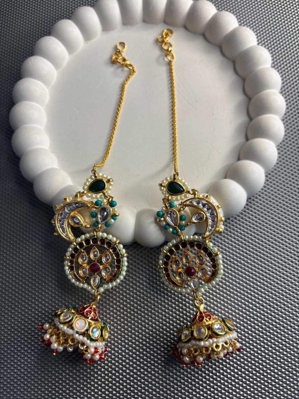 Traditional earcuff  Kundan jhumka earrings with ruby green turquoise accents and ear chains