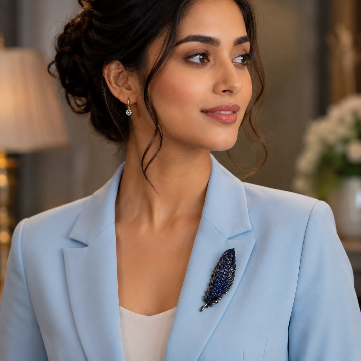 Luxury midnight blue crystal feather brooch with black rhodium finish for saree blazer coat dress and scarf styling by Bebaak Jewels