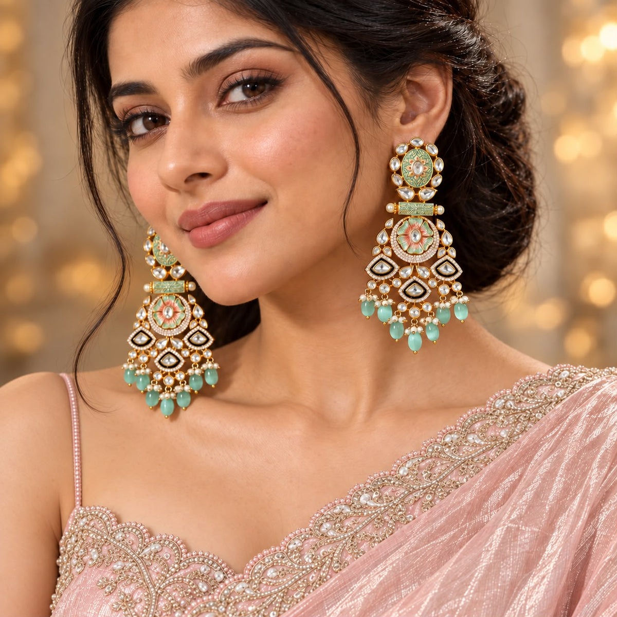 Women wearing Mint green Meenakari-style statement earrings with clear stones and mint green beads  drops displayed on a white tray