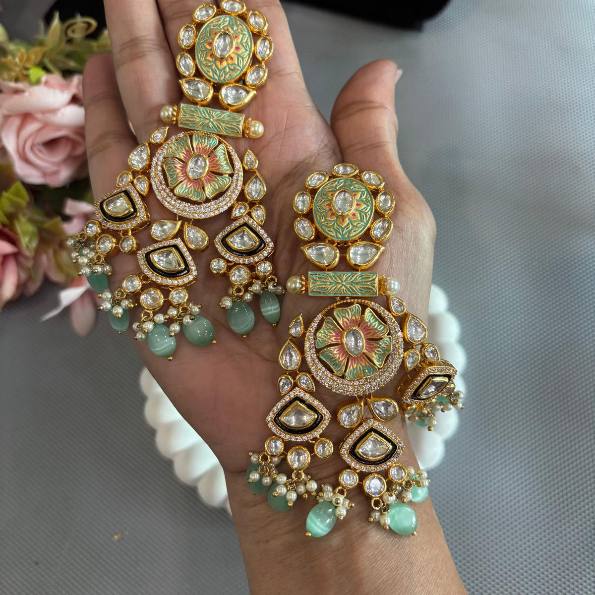 Mint green Meenakari-style statement earrings with clear stones and mint green beads  drops 